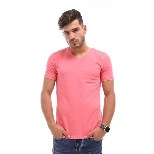 Buy Izor Basic Cotton V-Neck Solid T-Shirt - Coral in Egypt