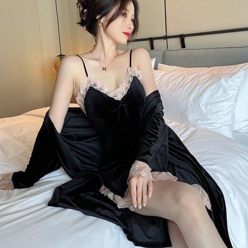 Fashion (Black Nightgown)Women's New Velvet Suspended Sleeping Dress  Nightgown Set Autumn And Winter Bud Ribbon Chest Cushion Homewear Set MAA @  Best Price Online