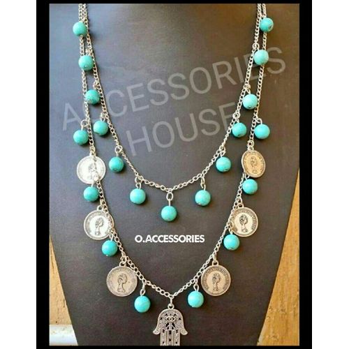 product_image_name-O Accessories-قلادة O أكسيسوريز بسلسلة فضية مع حجر التركواز المزدوج والقطع النقدية-1