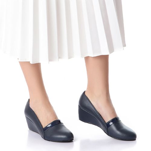 Buy Round Toe Leather Wedge - Navy Blue in Egypt