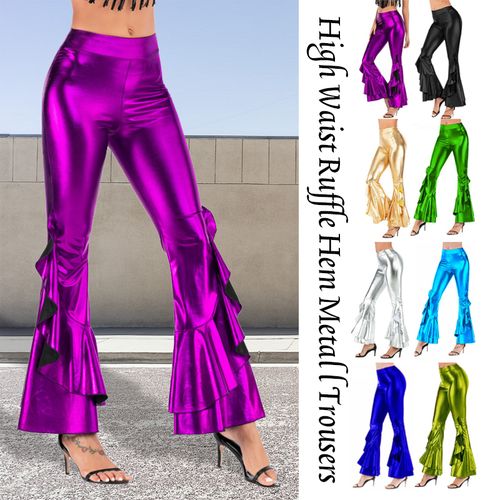 Fashion (A)Women Shiny Flare Trousers Laser Metallic Wetlook Ruffle Wide  Leg Pants Retro 70s Disco Hippie C @ Best Price Online