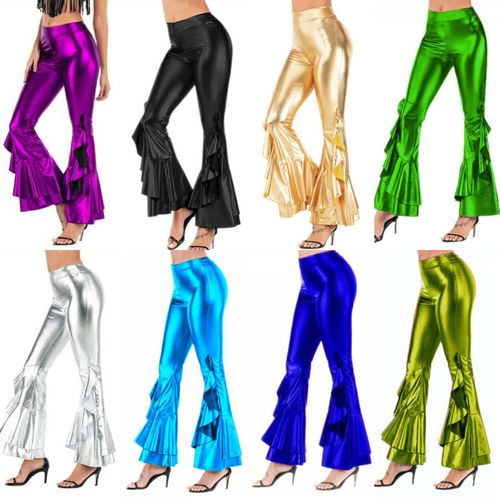 Fashion (A)Women Shiny Flare Trousers Laser Metallic Wetlook Ruffle Wide  Leg Pants Retro 70s Disco Hippie C @ Best Price Online