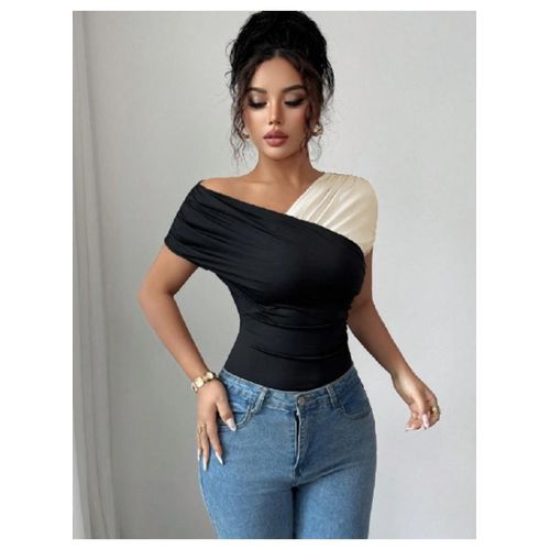 product_image_name-SHEIN-بلوزة عصرية غير متماثلة بطيّات وحبكة، تصميم باتشورك تي شيرت نسائي-1