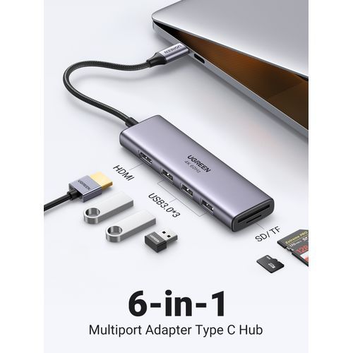  USB C HUB, USB C Adapter 6 in 1 with USB 3.0, 4K-HDMI