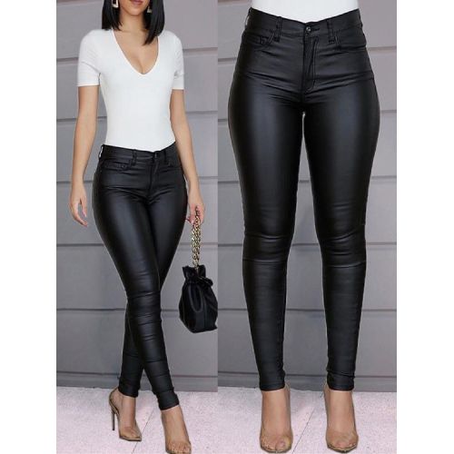 Fashion (Black) Tight-fitting PU Leather Pants Pure Color Small