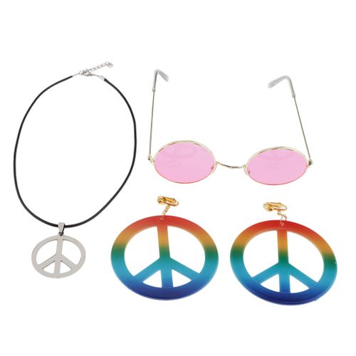 Fashion Peace Sign Necklace Earring Hippie Sun Glasses Hippie Accessories  Pink