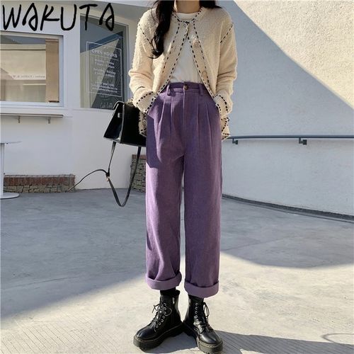 White Corduroy Dress Pants with White and Purple Pants Outfits For