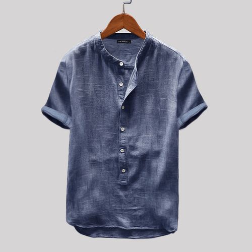 Buy Incerun Mens Short Sleeve Summer Cotton Linen Shirt - Blue in Egypt