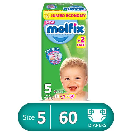 اشتري Molfix 3D Diapers - Size 5 - 58 Pcs + 2 Free Pcs في مصر