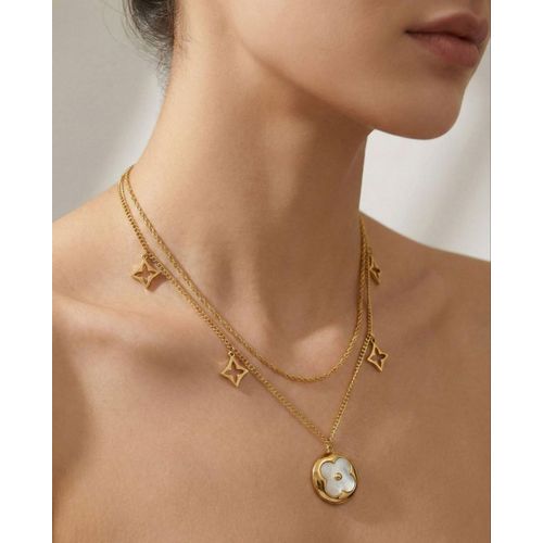 product_image_name-Generic-Double Layer Golden Necklace with Mother of Pearl Clover & Star Charms - Luxury Style.-1