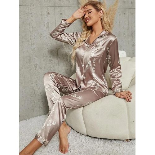 Contrast Binding Button Front Satin PJ Set