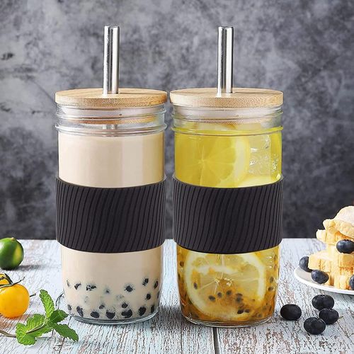 4 Pack Wide Mouth Mason Jars 24oz Drinking Glasses Mason Jar Cups with  Bamboo Lids Black Silicone Sleeve Covers and Black Straws Reusable Smoothie  Cups Tumbler for Coffee Boba Milk Tea Juice