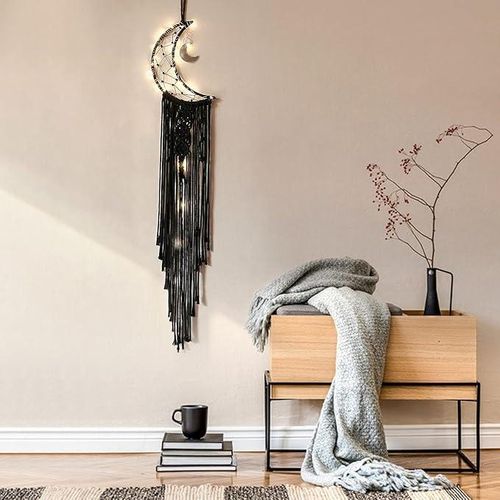 product_image_name-Generic-LED Moon Dream Catcher Wall Hanging, Black Macrame with Silver Moon Charm, Battery Powered String Lights, Handmade Boho Home Decor-4