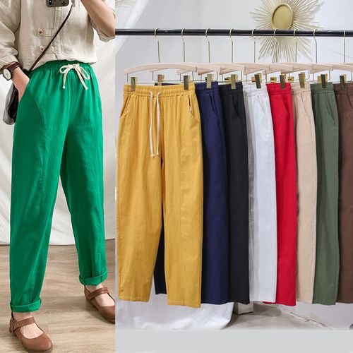 Women Casual Straight Trousers Linen Cotton Pants Elastic Waist Loose Long  Pants Solid Spring – the best products in the Joom Geek online store