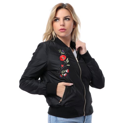 Premoda Embroidery Black Zipped Jacket With Two Pockets