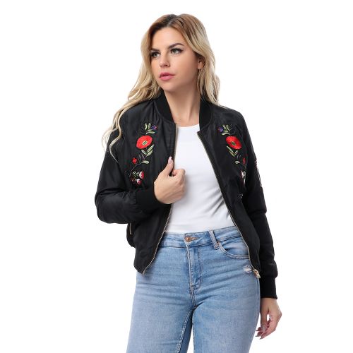 Premoda Embroidery Black Zipped Jacket With Two Pockets