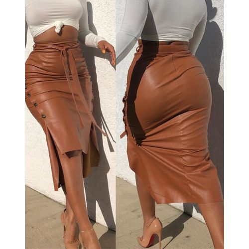 Fashion Women Trendy PU Leather Midi Skirt Solid Color High Waist