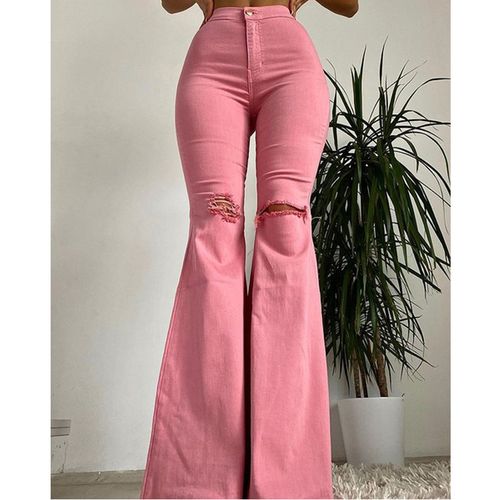 Fashion (Pink)Jeans Woman Slim Fit Solid Color Bell-bottoms Clic