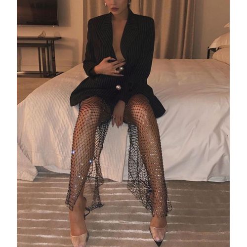 Fashion (Black)Rhinestone Diamond Patchwork Sparkly Women Pants Fashion  Hollow Out Fishnet Wide Leg Trousers See Through Party Trousers DOU @ Best  Price Online