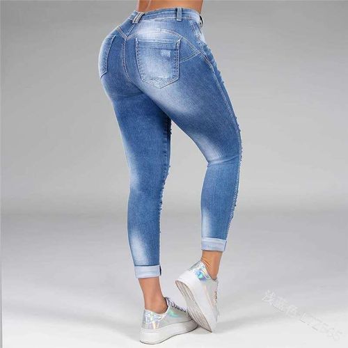 Fashion Hole Jeans Women High Waist Ripped Blue Denim Slim Skinny