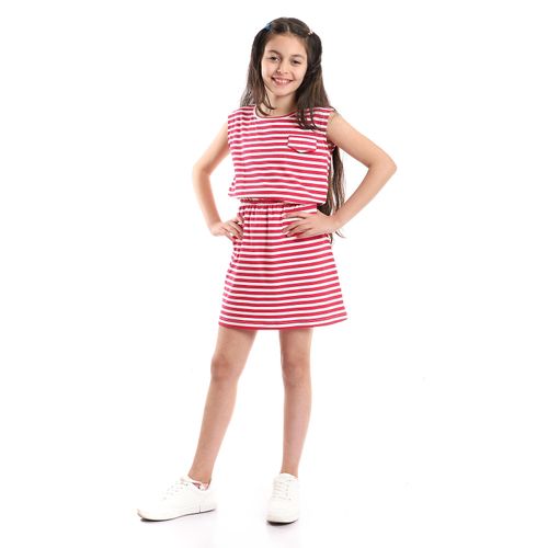 اشتري Kady Girls Cap Sleeves Elastic Waist Striped Dress - Multicolour White & Dark Fuchsia في مصر