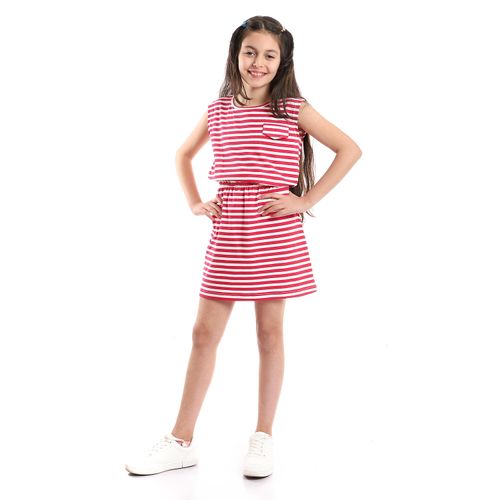 Buy Kady Girls Cap Sleeves Elastic Waist Striped Dress - Multicolour White & Dark Fuchsia in Egypt