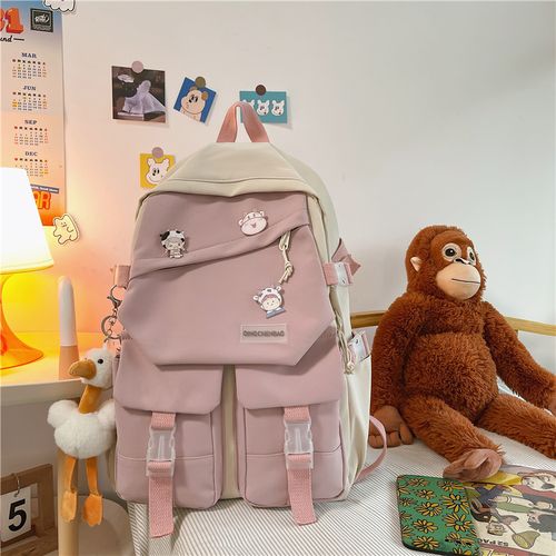 pink with pendant Korean Japanese College Style Modern Girl Backpack Fashion Large Capacity Teenagers Book Bag Waterproof Travelling Bag Schoolbag BAA