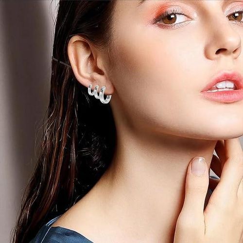 product_image_name-Fayrouz Jewelry-أقراط حلقية مطلية بالذهب عيار 18 قيراط من فيروز للمجوهرات، خفيفة الوزن ومضادة للحساسية، مناسبة للفتيات والسيدات (3 أزواج فضية)-4