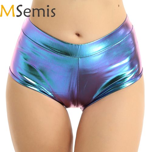 Womens Metallic Shiny Low Rise Booty Shorts Rave Party Stage Pole Dance  Clubwear