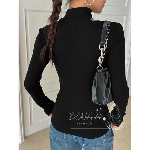 product_image_name-BENAA FASHION- تي شيرت قطن مضلع للنساء بكتف واحد وكم مفتوح و هاف كوول - طويل - لون اسود-2