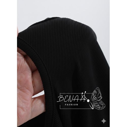 product_image_name-BENAA FASHION- تي شيرت قطن مضلع للنساء بكتف واحد وكم مفتوح و هاف كوول - طويل - لون اسود-6