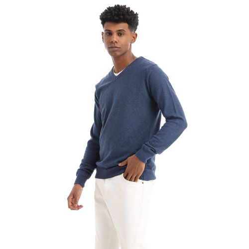 Ravin Solid Basic V-Neck Long Sleeves Pullover - Heather Navy Blue