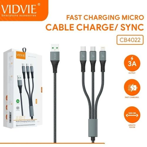 كابل داتا متعدد الوظائف فيدفي 3 في 1، طول 1.2 متر، اسود - CB4022 - Vidvie - جوميا مصر