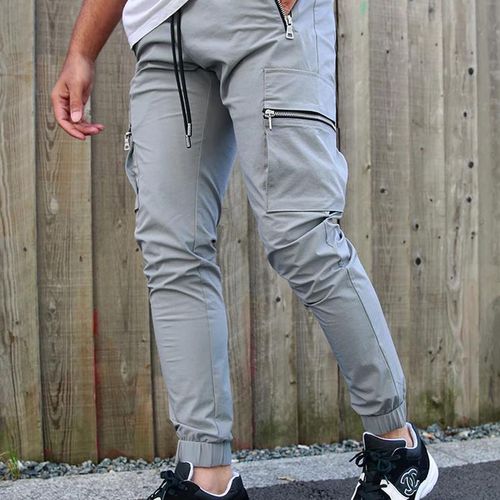 Fashion (CC384LightGrey)Jogger Sweatpants Track Pants Men Slim Fit Workout  Trousers Male Multi-pocket Casual Skinny Pants Men's Zipper Design  Sportswear OM @ Best Price Online