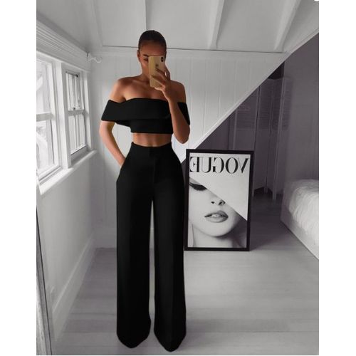 Fashion (black)Summer White Black 2 Piece Set Women Clothing Wide Leg Pants  Suits Sexy Cropped Top + Long Trousers Fashion Woman Tracksuits JIN @ Best  Price Online