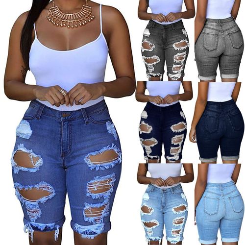 Fashion (Gray)Women Elastic Destroyed Hole Leggings Short Denim