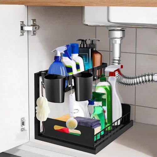 Under Sink Organizers and Storage Pull Out Sliding Drawers,2 Tier Under  Sink Organizers with Sliding Drawer 4 Hook 1 Cup, Black Under Sliding  Cabinet Basket Organizer for Bathroom Kitchen 