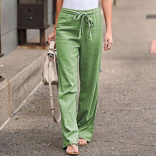 Fashion (bean Green)Women Cotton Linen Wide Leg Pants Casual High