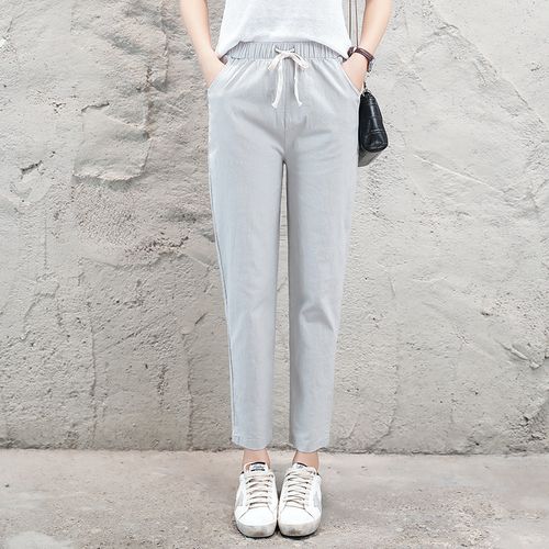 Fashion grey AT 19 Women Casual Spring Autumn Big Size Long Trousers Solid Elastic Waist Cotton Linen Pants Ankle Length Haren Pants WEF Best Price Online Jumia Egypt