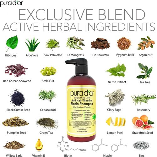 product_image_name-Pura Dor-16 Oz Original Gold Label Anti-Thinning Biotin Shampoo Natural Earthy Scent, CLINICALLY TESTED Effective Results, Herbal DHT Blocker Hair Thickening Products, Women & Men, Color Treated Hair -3