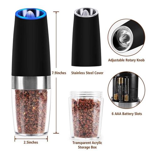 2pcs Electric Pepper Grinder or Salt Mill Bottom LED Light, Adjustable Grind Coarseness, Automatic Battery Operated Black Pepper Mill