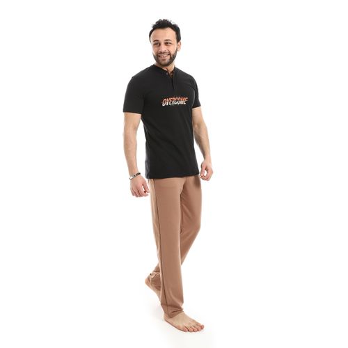 Andora Short Sleeve Solid Pattern Pajama Set - Black & Brown - image 3