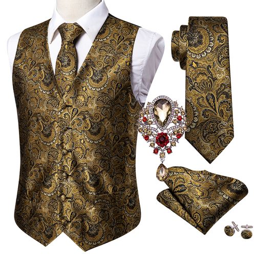 Fashion (GM-2082-Brooch)Black 5PCS Designer Mens Wedding Suit Vest Gold  Floral Jacquard Folral Silk Waistcoat Tie Brooches Vest Set Barry.Wang  Groom ACU @ Best Price Online