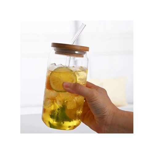 product_image_name-Generic-2 Pcs Glass Iced Coffee Mug with Straw and Bamboo Wood Lid Glass Juice Mug with Straw and Wooden Lid - Drinking Cups with Bamboo Lids and Straws, Glass Cup for Iced Coffee, Milk, Yogurt, Cocktails, Smoothies Clear Drinking Cup for Juice, Milk - Glass-5