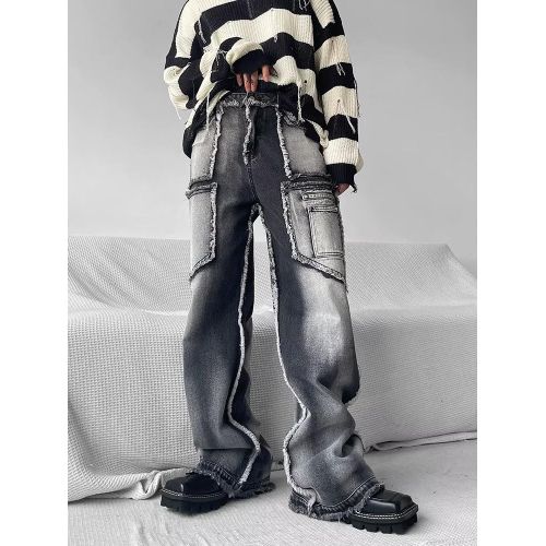 Y2K Emo Men Black Streetwear Wide Leg Pants Baggy Denim Jogger Trousers  High Waist Cargo Harem Jeans Fairy Grunge Alt Clothes