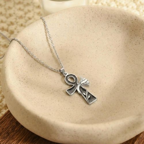 product_image_name-Generic-سلسلة مفتاح الحياة الفرعونية الفضّية من ستانلس ستيل 316 بنقش زهرة اللوتس – دلاية عنخ مقاومة للصدأ وتغيّر اللون-2