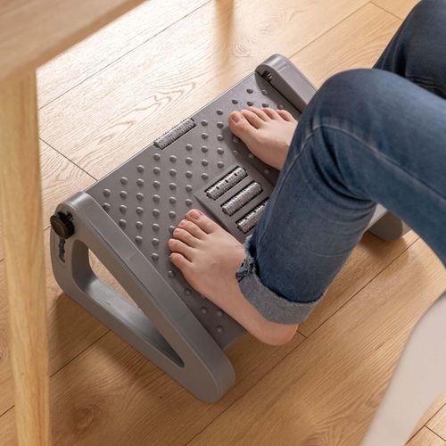 Adjustable Under Desk Footrest Feet and Leg Rest Pillow with Massage Roller Compact Adjustable Height Curve Footrest Toilet Stool for Gaming Gray