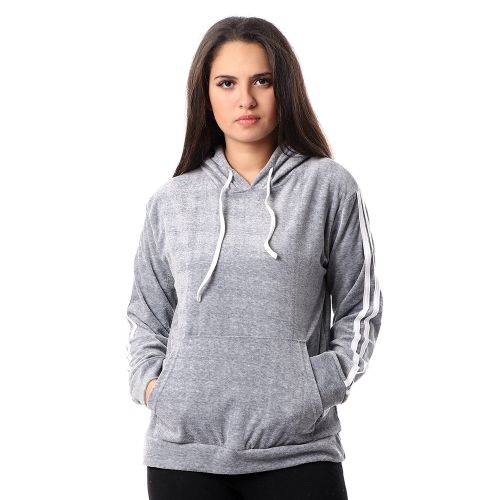 Kady Velvet Hooded Neck With Pocket Sweatshirt - Grey