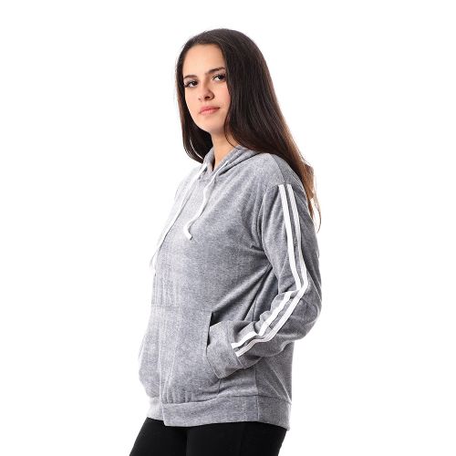 Kady Velvet Hooded Neck With Pocket Sweatshirt - Grey