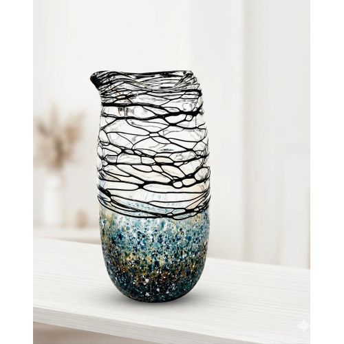 Modern Decorative Glass Vase - Black Swirl Design with Blue